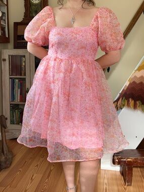 Pink Orange Floral Babydoll Dress Sheer Puff Sleeves Cottagecore Coquette Medium